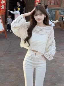 Spring Summer 2025 Womens Loose Knitted Ice Silk Open Cardigan Pure Color Fashion Outerwear Top Commute Style round Neck Short
