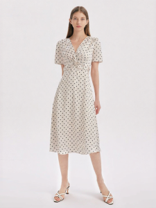 Gloria | Short Sleeve Satin Ice Silk French Dot V-neck Dress