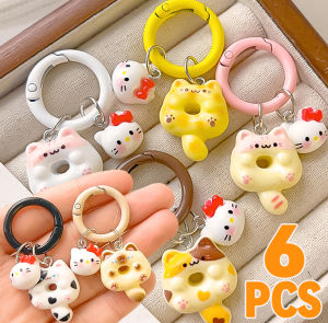 6PCS Cute Hello Kitty Cat Donut Keychain Cartoon Cat Cookie Pendant Resin Backpack Hanging Decor Charm Car Keyring Couple Gifts