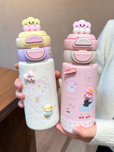 การ์ตูน ขวดน้ำสแตนเลสหุ้มฉนวน น่ารัก ถ้วยฟางแบบพกพาใช้ในโรงเรียนนักเรียนหญิงเด็กภาชนะเครื่องดื่ม