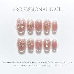 Handmade Shell Pearl Blush Nail Tips Gold Foil Cat Eye Design Wearable False Nails Removable Beauty Tools Pink Color Series