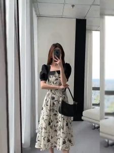 🌟CORE🌟dresses women new style 2025 Korean Style Women Puff Sleeve Sundress Floral Print Holiday Long Dress