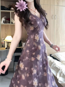 QINWEIYU | Váy dài tay phong cách Pháp màu tím mùa hè 2025 mới Váy midi hoa ngọt ngào cho nữ đi biển Váy midi dài hoa đẹp không thể tin được