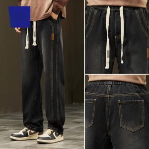 ROMON | Romon Fleece Lined Mens Jeans Casual Elastic Waist Thick Winter Straight Leg Trendy Brand Wide Leg Loose Fit Long Pants