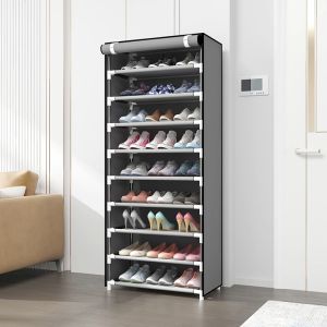 Shoe Rack 10 Layer 9 Grid Non Woven Cover Stainless Steel Frame Dustproof Portable Easy Assembly COD