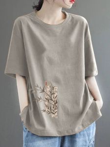 Italian Export Brand Cut Label Plus Size Summer Short Sleeve round Neck Younger Fashion Artsy Loose Pure Cotton Womens Top