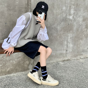 ถุงเท้าผู้หญิงทรงยาวคอตตอนผสมสีน้ำเงิน ถุงเท้าคอตตอนผสมด้ายเนื้อนุ่ม ถุงเท้าทรงยาวฤดูใบไม้ร่วง/ฤดูหนาว ถุงเท้าผู้หญิงแบบลำลอง