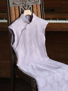 Young Womens Summer Thin New Chinese Style Sleeveless Long Qipao Dress Purple Floral Print Daily Wear Comfortable Cotton Dress