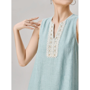 GULILI | Blue Linen V-Neck Sleeveless Slim Fit Dress