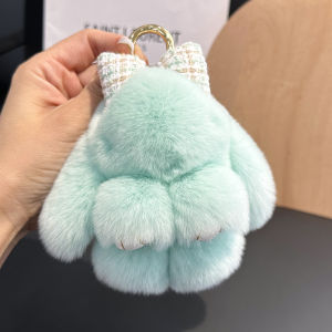 Adorable Real Rabbit Fur Butterfly Knot Small Rabbit Car Keychain Pendant Plush Toy Book Bag Hanging Ornament