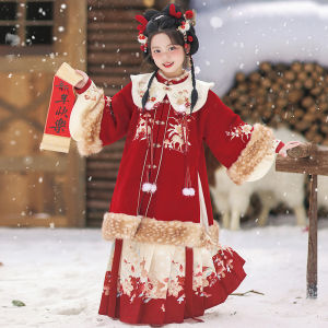 ชุดเด็กผู้หญิงฮันฟูฤดูหนาว เสื้อแขนยาวสีแดง ทรงยาว กระดุมข้างเดียว สไตล์จีนโบราณ เสื้อผ้าเด็ก