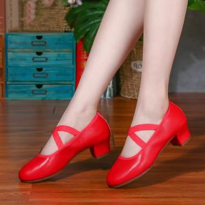 New Womens Square Dance Shoes With Flat Soles And Mid Heels Womens Soft Soles Summer Genuine Leather Dance Shoes