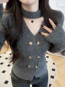 Áo Len Dệt Kim Cổ Tròn Tay Dài Thiết Kế Khoét Rỗng Thanh Lịch Cho Nữ Mùa Đông Lót Bên Trong Áo Khoác Thời Trang Công Sở Phong Cách Hàn Quốc