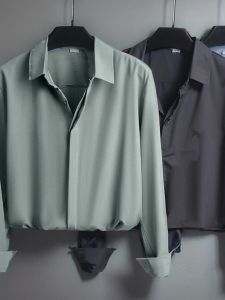 Shirt Mens Summer Ice Silk Business Casual White Shirt Draping Effect Ins Trendy Non-Ironing Anti-Wrinkle Silky Long Sleeves Shirt