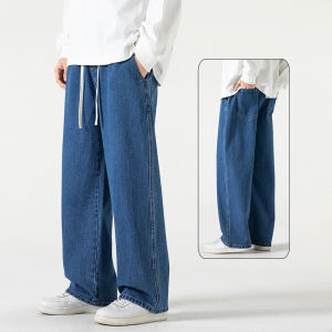 Loose Straight Leg Blue Jeans Mens Winter Style Casual High Waist Elastic Waist American Streetwear Wide Leg Nine-Piece Jeans
