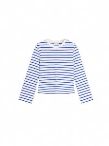 เสื้อยืดคอกลมแขนยาวทรงพอดีตัวผ้าฝ้ายแท้ลายทางสีสันสดใสสำหรับผู้หญิงวัย 18-24 ปี ฤดูใบไม้ผลิ 2025 แบรนด์ 007