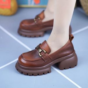 Soft leather thick heel loafers womens spring 2024 new models versatile platform British style jk single shoes high heel small leather shoes women