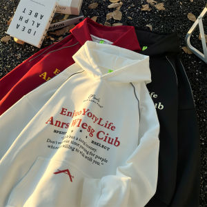 เสื้อสเวตเตอร์ฮู้ดพิมพ์ลายตัวอักษรสไตล์อเมริกันสำหรับผู้ชาย ทรงหลวม แขนยาว ปกติ ฤดูใบไม้ผลิและฤดูใบไม้ร่วง