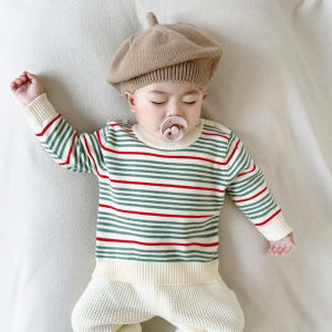 เสื้อผ้าเด็กสไตล์เกาหลีแฟชั่นใส่ช่วงฤดูใบไม้ร่วงและฤดูหนาวสำหรับเด็กทารกเสื้อถักลายทางสำหรับเด็กชายและเด็กหญิงเสื้อไหมพรมคอกลมสำหรับเด็กเล็กเสื้อตัวใน
