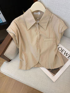 Slimming French Style Shirtleeve Top Spring Summer Short Sleeve Polo Collar Button Detail Straight Cut Korean Style Silk Blend