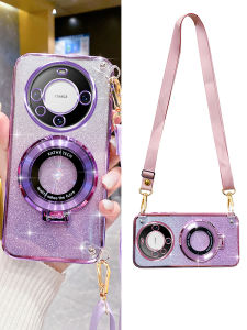 Huawei Mate60 pro Car Magnetic Mount Silicone Phone Case with Lanyard Full Edge Protection Gradient Color Flash Powder Soft Shell