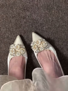 Elegant Chinese Style Wedding Shoes for Women High Heels Crystal Sandals Single Shoes Fashionable PU Lined Slip-On Shoes