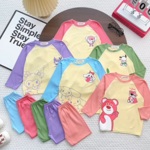 Bộ Quần Áo Dài Tay Trẻ Em In Hình Kuromi Vải Thun Lạnh NATUCO Mềm Mát Cho Bé Gái Từ 8-29Kg TD-002