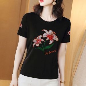QIAOXIZI | Large Size Short Sleeve Glitter Decorated T-shirt