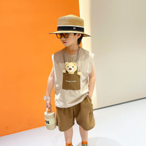 Cartoon Bear Summer Vest Set for Boys Thin Sleeveless Two-Piece Outfit Casual Comfortable Cotton Blend Love Expression Clothes