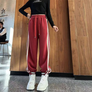 กางเกงวอร์มทรงหลวมเอวสูงสำหรับผู้หญิง กางเกงขายาวทรงหลวมสไตล์ลำลอง ลายทางข้าง 3 แถบ กางเกงขายาวทรงสปอร์ตสำหรับผู้หญิง