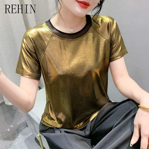 Rehin đơn giản Mới Mùa Hè rộng màu trơn cổ tròn áo thun tay ngắn sáng màu Áo sơ mi nữ thanh lịch