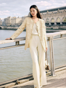 Feminine Elegant Sparkle Tweed Round-Neck Jacket