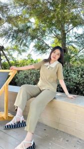 ชุดเซ็ต 2 ชิ้น 🌈SpinnyHouse🌈 เสื้อแขนสั้นคอปก + กางเกงกระบอกขายาว ผ้าไหมพรม 😻 รุ่น, มะรุม