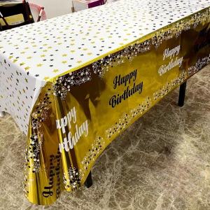 Table Covers Happy Birthday Decor Letter Printed Tablecloth Layout Wedding Birthday Celebration PVC Waterproof (Blue/Pink/Gold/Black)
