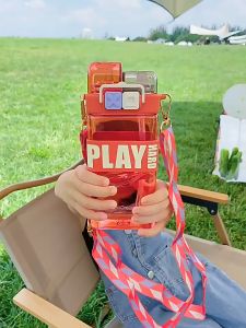 H-6340 Tritan Plastic cup Double Drink Childrens Water Cup Super Cool Punk High-value Cross-body Straw Cup Replacement Soft Silicone Nozzle