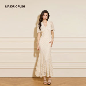 French Elegant Lace Dress with Bubble Sleeves Moon White
