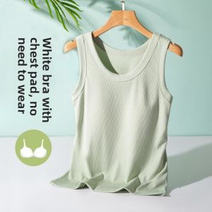 Womens Ice Silk Strap Vest Sleeveless round Neck Base Shirt Summer Outerwear with Chest Pad Large Size Casual Thin Top