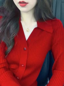 HUOLISI | Red New Year Vintage Fitted Knit Sweater Cardigan for Women