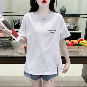 Loose Fit Pure Cotton Short Sleeve T-Shirt for Women Summer Style with Creative Printed Patterns and Side Slit Design