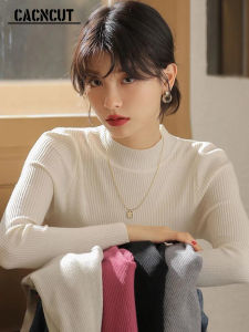 CACNCUT Long Sleeve T-shirt for Women Fashion Solid Color Half Turtleneck Knitted Blouse for Women