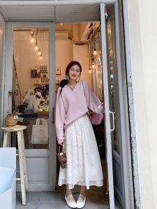 YANGRUOYU Lace Embroidery A-Line Mini Skirt High Waist Midi Skirt Cotton Polyester Blend Commute Style Pure Color Spring Collection