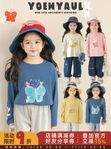 Cute Cartoon Print Girls T-Shirt Spring Loose Shoulder Drop Casual Top round Neck Cotton Blend Fabric Long Sleeve Children Wear