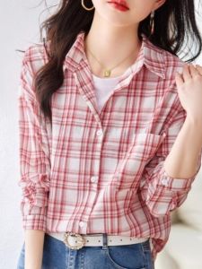เสื้อเชิ้ตผู้หญิงแขนยาวลายสก็อตผ้าฝ้ายสไตล์เกาหลีฤดูใบไม้ผลิฤดูใบไม้ร่วง 2023 เสื้อเชิ้ตแฟชั่นบาง