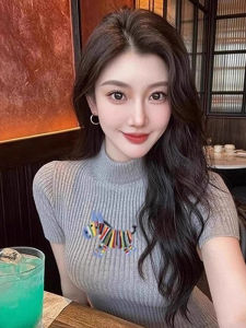 PEIXI | Rainbow Embroidery Semi-High Neck Short Sleeve Knitted Top