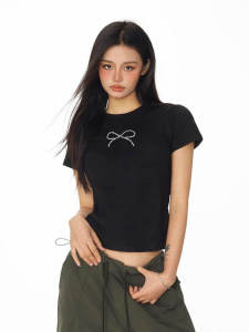 Áo Thun Cotton Tay Ngắn Cổ Tròn Mùa Hè Phong Cách Mỹ Dành Cho Nữ Thiết Kế Thắt Nút Bướm Áo Ngắn Thoải Mái Thoáng Khí