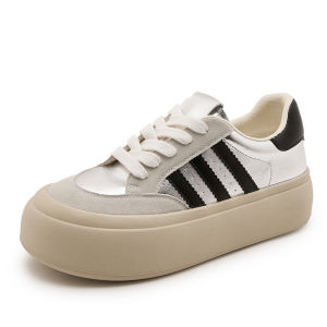 Casual Leather Sport Shoes for Women Thick Bottom White Sneakers Street Style Comfortable Fashionable round Toe Rubber Outsole