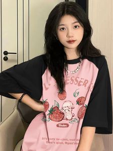 Vintage American Style Cute Cartoon Animation Large Size Short Sleeve T-Shirt for Women in Summer Loose Fit Half Sleeve Top