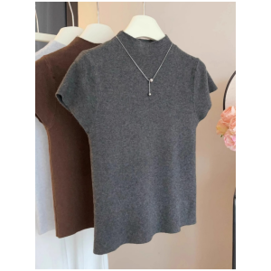 HUOLISI | Stand-up Collar Regular-Shoulder Short Black Silk Knit Summer Tee Women