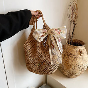 Túi Đi Biển Mùa Hè Dành Cho Nữ Dung Tích Lớn Ví Đeo Vai Bằng Lưới Dệt Có Nơ Ren Tote Thông Thường Để Mua Sắm Du Lịch Kỳ Nghỉ