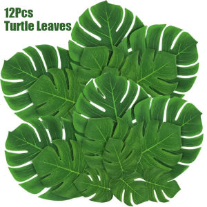 12Pcs Artificial Tropical Palm Leaves Fake Plants Green Silk Turtle Leaf For Hawaii Luau Jungle Party Beach Wedding Home Decor